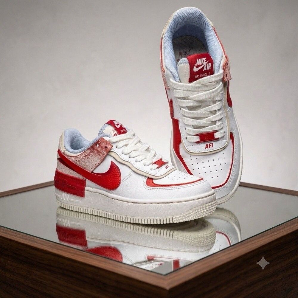 Nike Air Force 1 Shadow "Cracked Leather" White Red Women's Size 5.5 CI0919-108